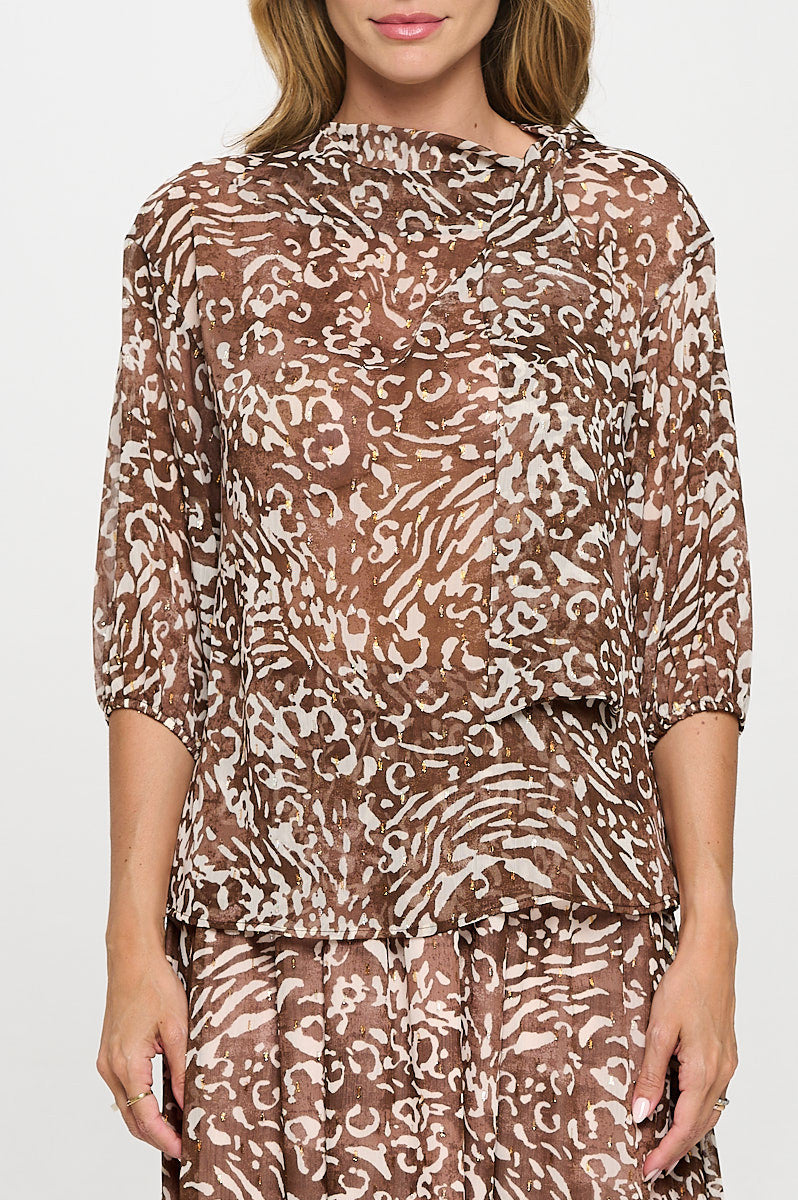 Abstract Print Sheer 3/4 Sleeve with Scarf Detail-New Arrival-Reneecollection-Small-CHOCOLATE-Urbanheer