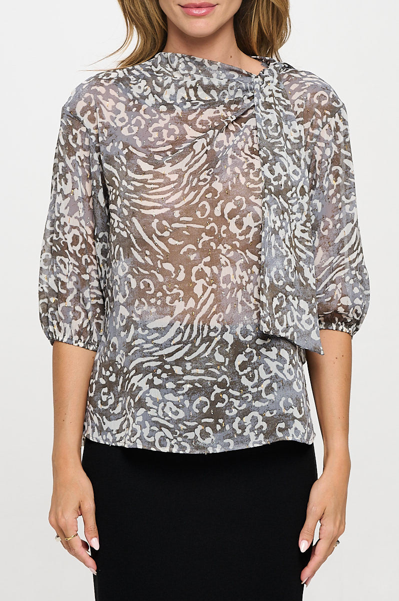 Abstract Print Sheer 3/4 Sleeve with Scarf Detail-New Arrival-Reneecollection-Small-CHARCOAL-Urbanheer