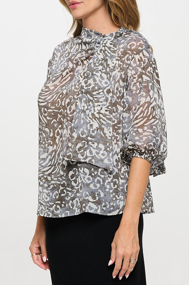 Abstract Print Sheer 3/4 Sleeve with Scarf Detail-New Arrival-Reneecollection-Small-CHARCOAL-Urbanheer