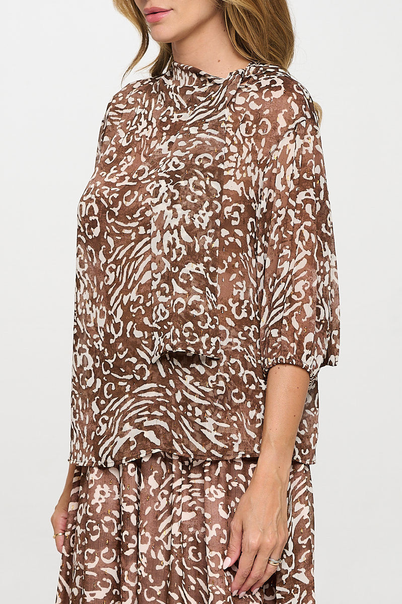 Abstract Print Sheer 3/4 Sleeve with Scarf Detail-New Arrival-Reneecollection-Small-CHOCOLATE-Urbanheer