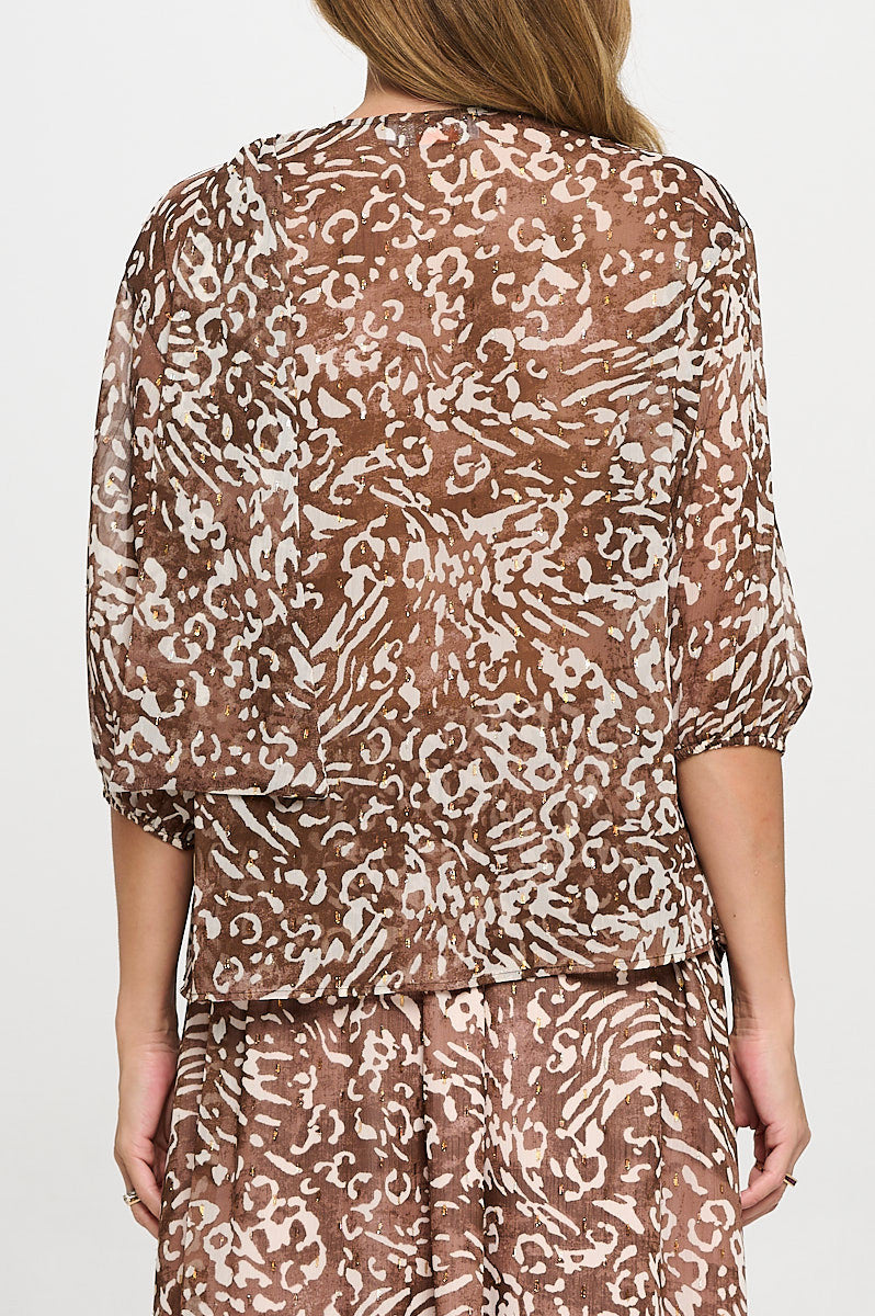 Abstract Print Sheer 3/4 Sleeve with Scarf Detail-New Arrival-Reneecollection-Small-CHOCOLATE-Urbanheer
