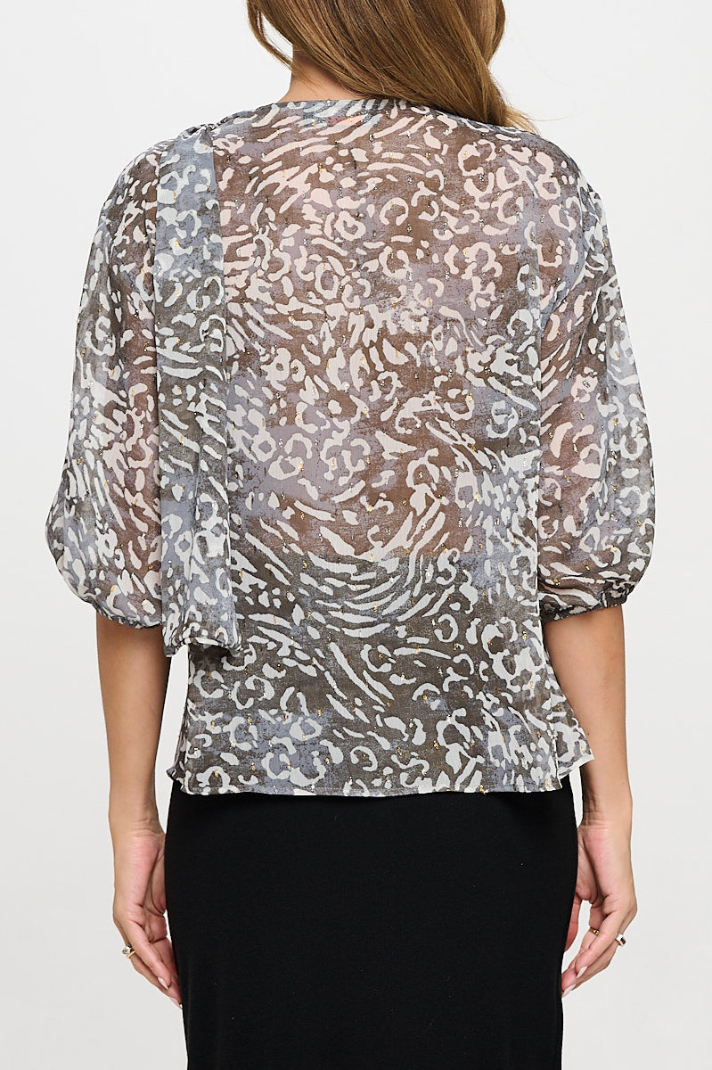 Abstract Print Sheer 3/4 Sleeve with Scarf Detail-New Arrival-Reneecollection-Small-CHARCOAL-Urbanheer
