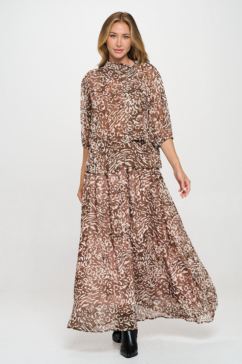 Abstract Print Sheer 3/4 Sleeve with Scarf Detail-New Arrival-Reneecollection-Small-CHOCOLATE-Urbanheer