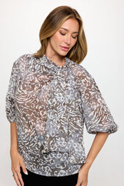 Abstract Print Sheer 3/4 Sleeve with Scarf Detail-New Arrival-Reneecollection-Small-CHARCOAL-Urbanheer