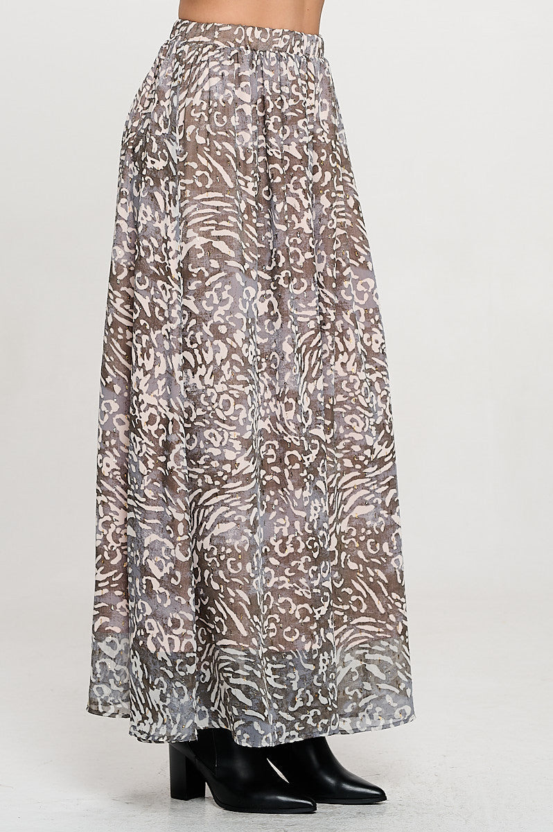 Abstract Print Sheer Maxi Skirt with Lining and Elastic Waist-New Arrival-Reneecollection-Small-CHARCOAL-Urbanheer