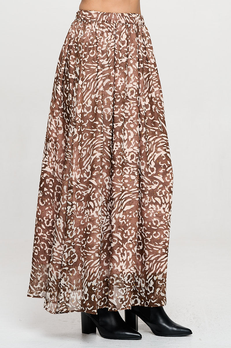 Abstract Print Sheer Maxi Skirt with Lining and Elastic Waist-New Arrival-Reneecollection-Small-CHOCOLATE-Urbanheer