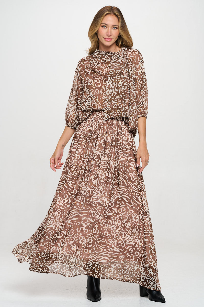 Abstract Print Sheer Maxi Skirt with Lining and Elastic Waist-New Arrival-Reneecollection-Small-CHOCOLATE-Urbanheer