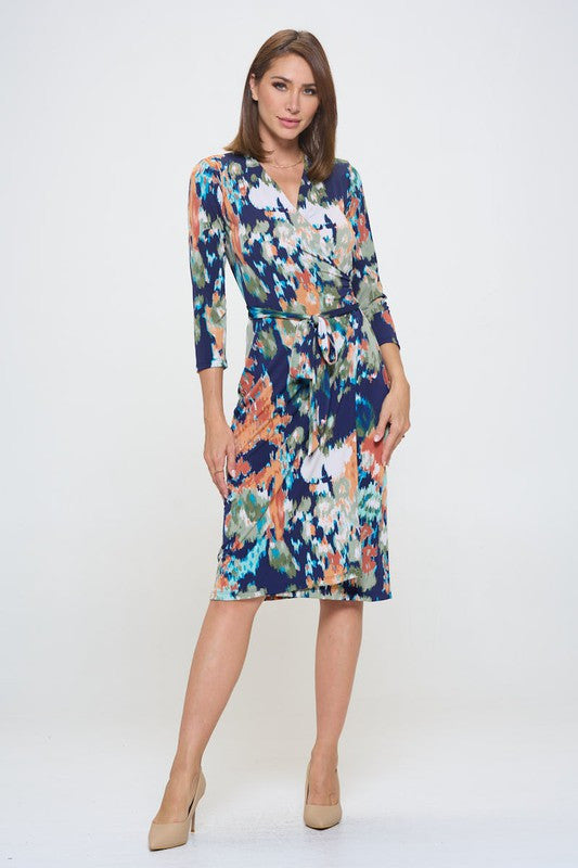 Abstract Print V neck Jersey Wrap Dress with Tie-Dresses-Reneecollection-Small-NAVY-Urbanheer