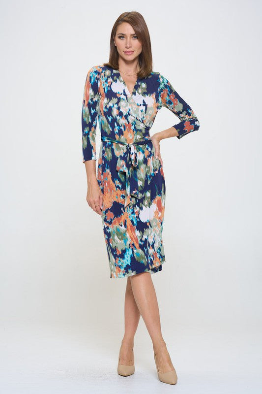 Abstract Print V neck Jersey Wrap Dress with Tie-Dresses-Reneecollection-Small-NAVY-Urbanheer