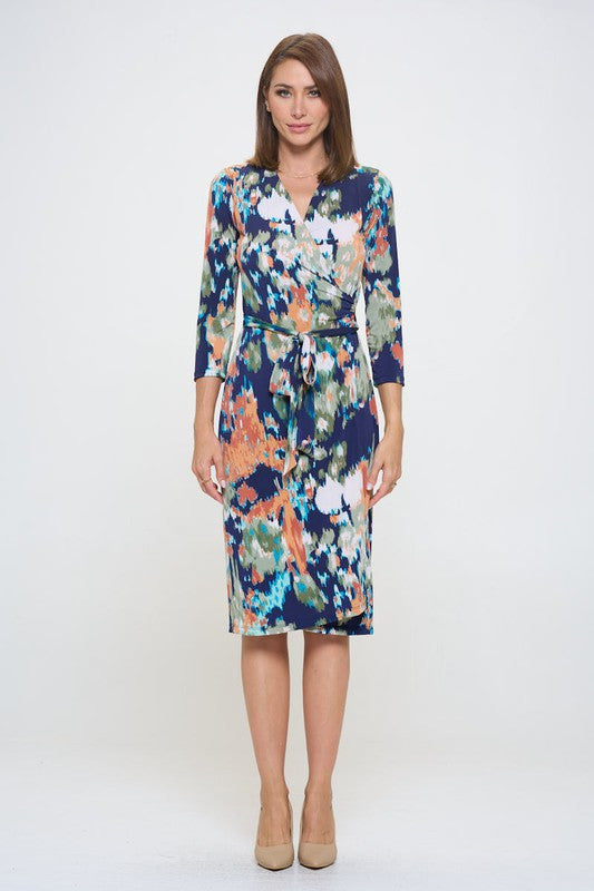 Abstract Print V neck Jersey Wrap Dress with Tie-Dresses-Reneecollection-Small-NAVY-Urbanheer