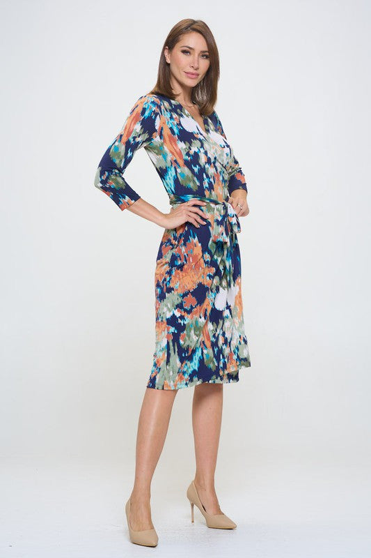 Abstract Print V neck Jersey Wrap Dress with Tie-Dresses-Reneecollection-Small-NAVY-Urbanheer