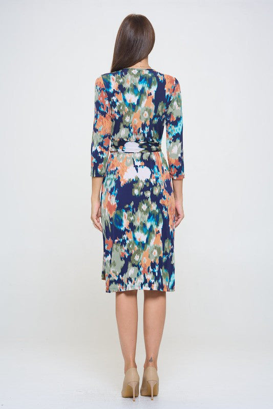 Abstract Print V neck Jersey Wrap Dress with Tie-Dresses-Reneecollection-Small-NAVY-Urbanheer
