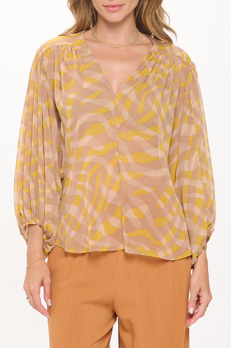 Abstract Print V neck Sheer Top with 3/4 Sleeve-New Arrival-Reneecollection-Small-Urbanheer