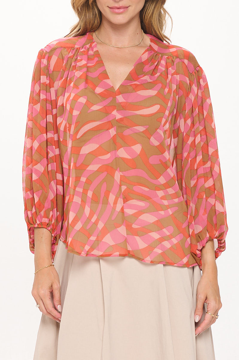 Abstract Print V neck Sheer Top with 3/4 Sleeve-New Arrival-Reneecollection-Small-RUST-Urbanheer