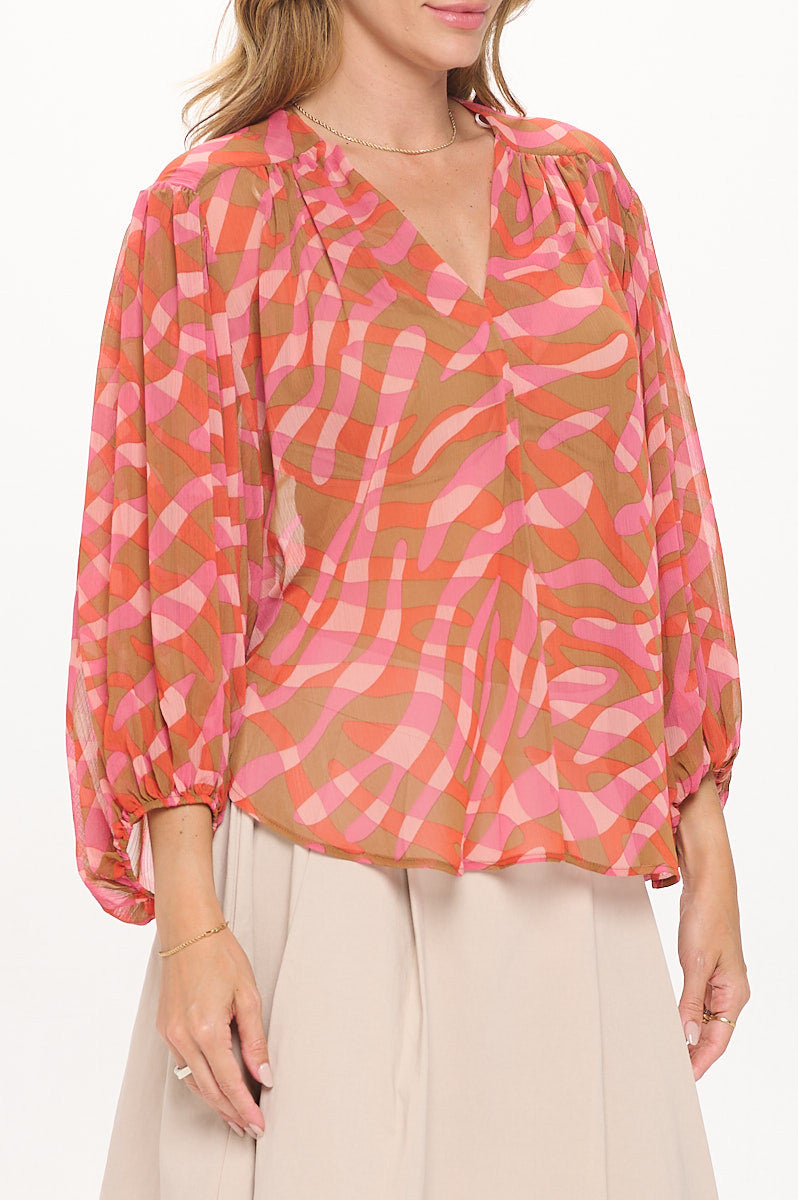 Abstract Print V neck Sheer Top with 3/4 Sleeve-New Arrival-Reneecollection-Small-RUST-Urbanheer