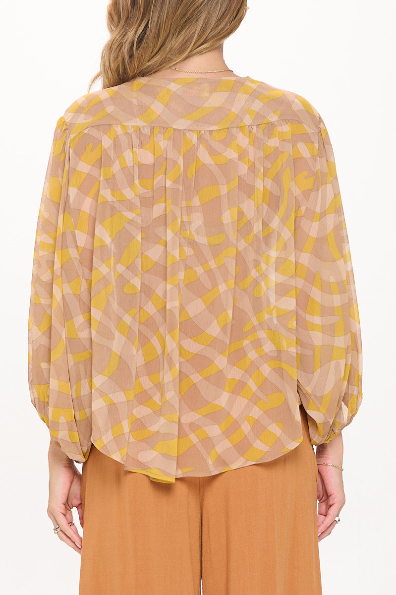 Abstract Print V neck Sheer Top with 3/4 Sleeve-New Arrival-Reneecollection-Small-Urbanheer