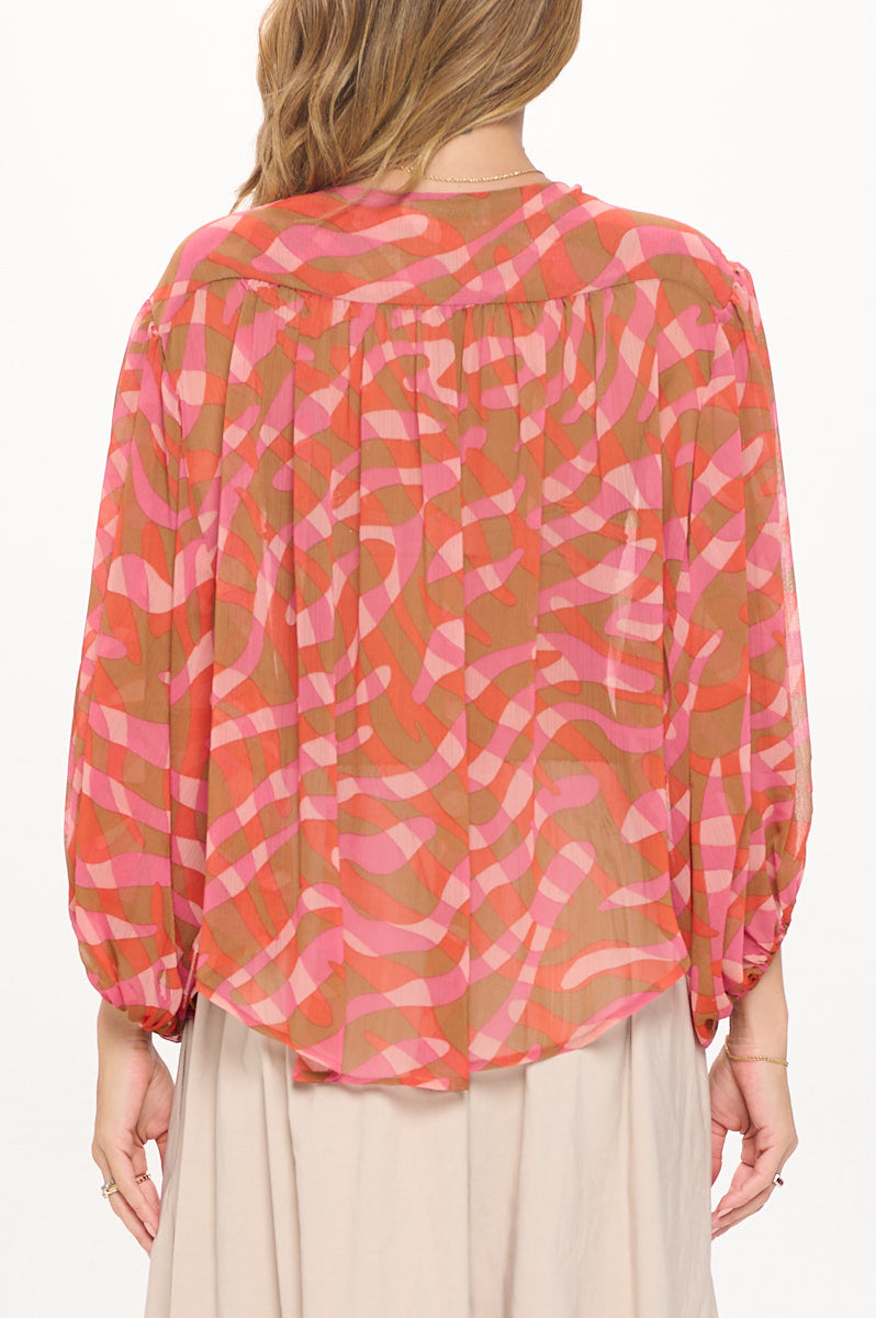 Abstract Print V neck Sheer Top with 3/4 Sleeve-New Arrival-Reneecollection-Small-RUST-Urbanheer