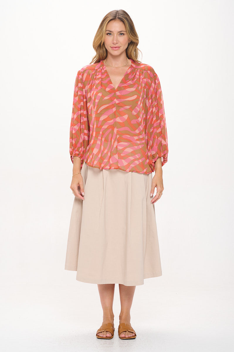 Abstract Print V neck Sheer Top with 3/4 Sleeve-New Arrival-Reneecollection-Small-RUST-Urbanheer