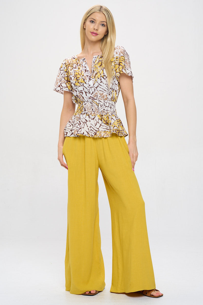 Abstract Print V neck Short Sleeve Top with Smock Waist Detail-New Arrival-Reneecollection-Small-IVORY/YELLOW-Urbanheer