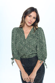 Abstract Print V neck Top with Self Tie Sleeves-New Arrival-Reneecollection-Urbanheer