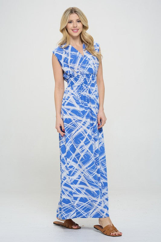 Abstract V neck Sleeveless Maxi Dress with Slit-Dresses-Reneecollection-Small-BLUE-Urbanheer