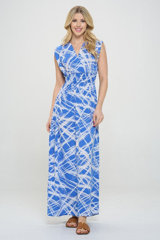 Abstract V neck Sleeveless Maxi Dress with Slit-Dresses-Reneecollection-Small-BLUE-Urbanheer