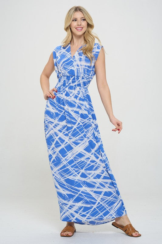 Abstract V neck Sleeveless Maxi Dress with Slit-Dresses-Reneecollection-Small-BLUE-Urbanheer