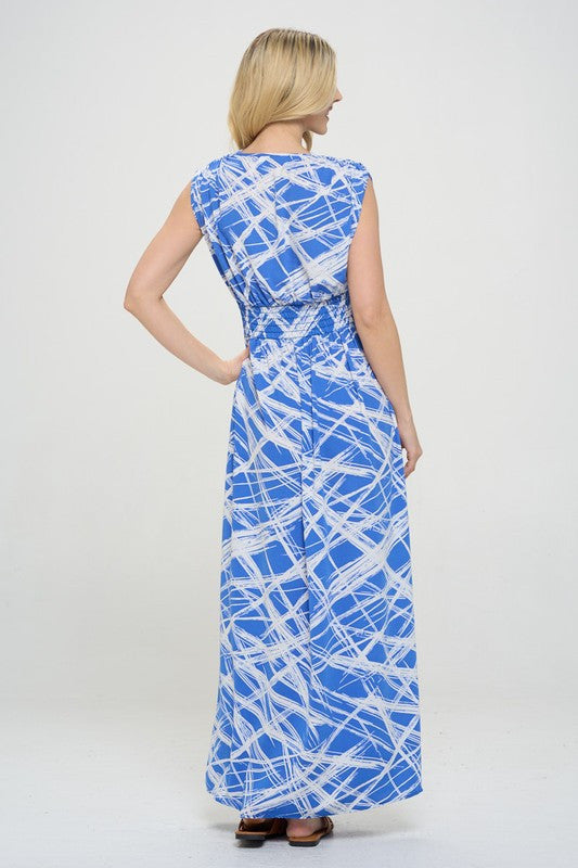 Abstract V neck Sleeveless Maxi Dress with Slit-Dresses-Reneecollection-Small-BLUE-Urbanheer