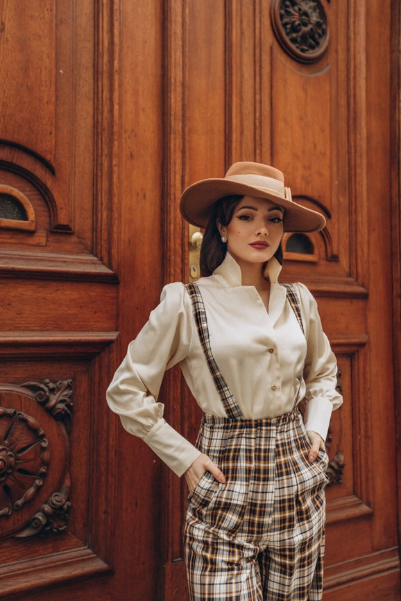 Académia Plaid Beige/Camel/Navy Blue Trousers-Pants-Pivoine Signature-XS-Urbanheer