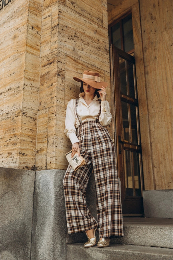 Académia Plaid Beige/Camel/Navy Blue Trousers-Pants-Pivoine Signature-XS-Urbanheer