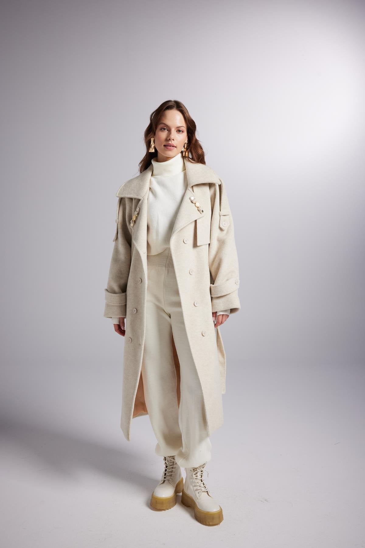 Accessorized Wool Blended Cashmere Maxi Woody Ecru Coat-Trench Coats-Buy Me Fur Ltd-Ecru-L-Cashmere-Urbanheer
