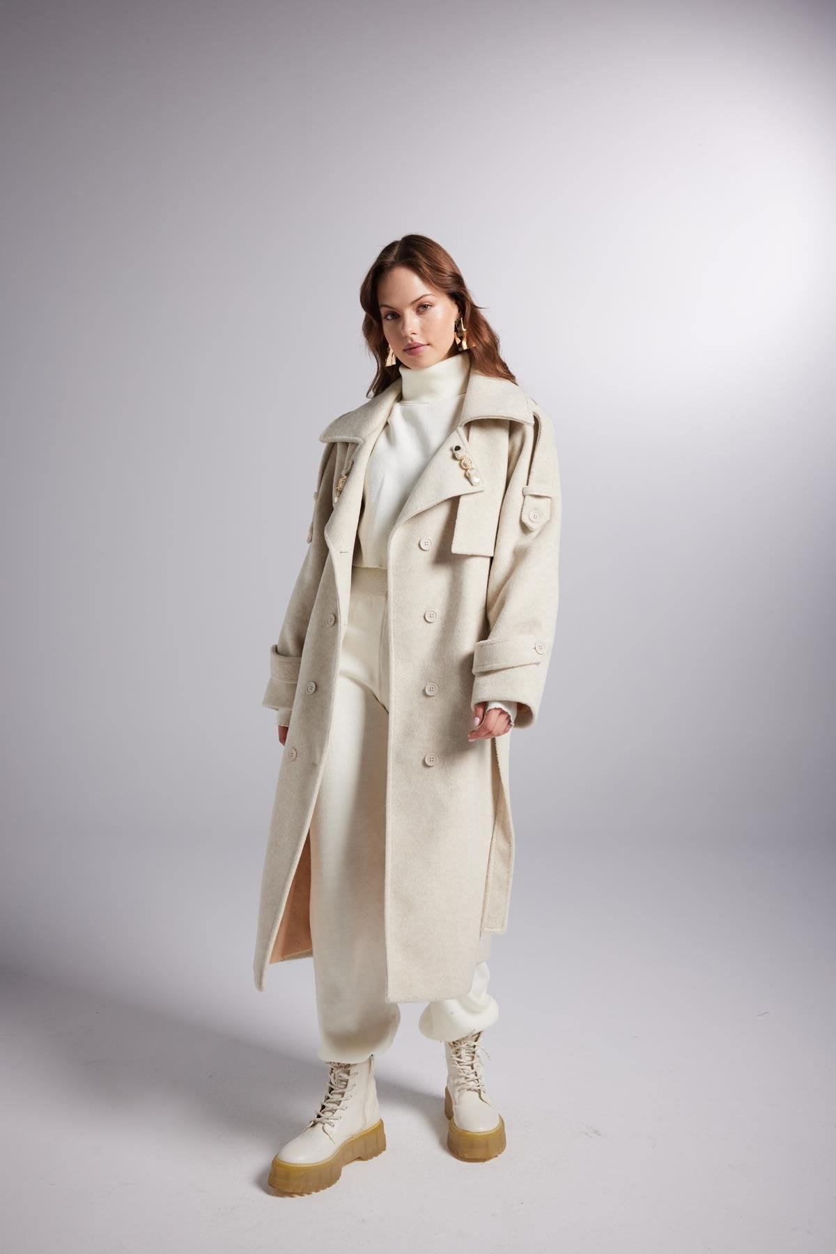 Accessorized Wool Blended Cashmere Maxi Woody Ecru Coat-Trench Coats-Buy Me Fur Ltd-Ecru-L-Cashmere-Urbanheer