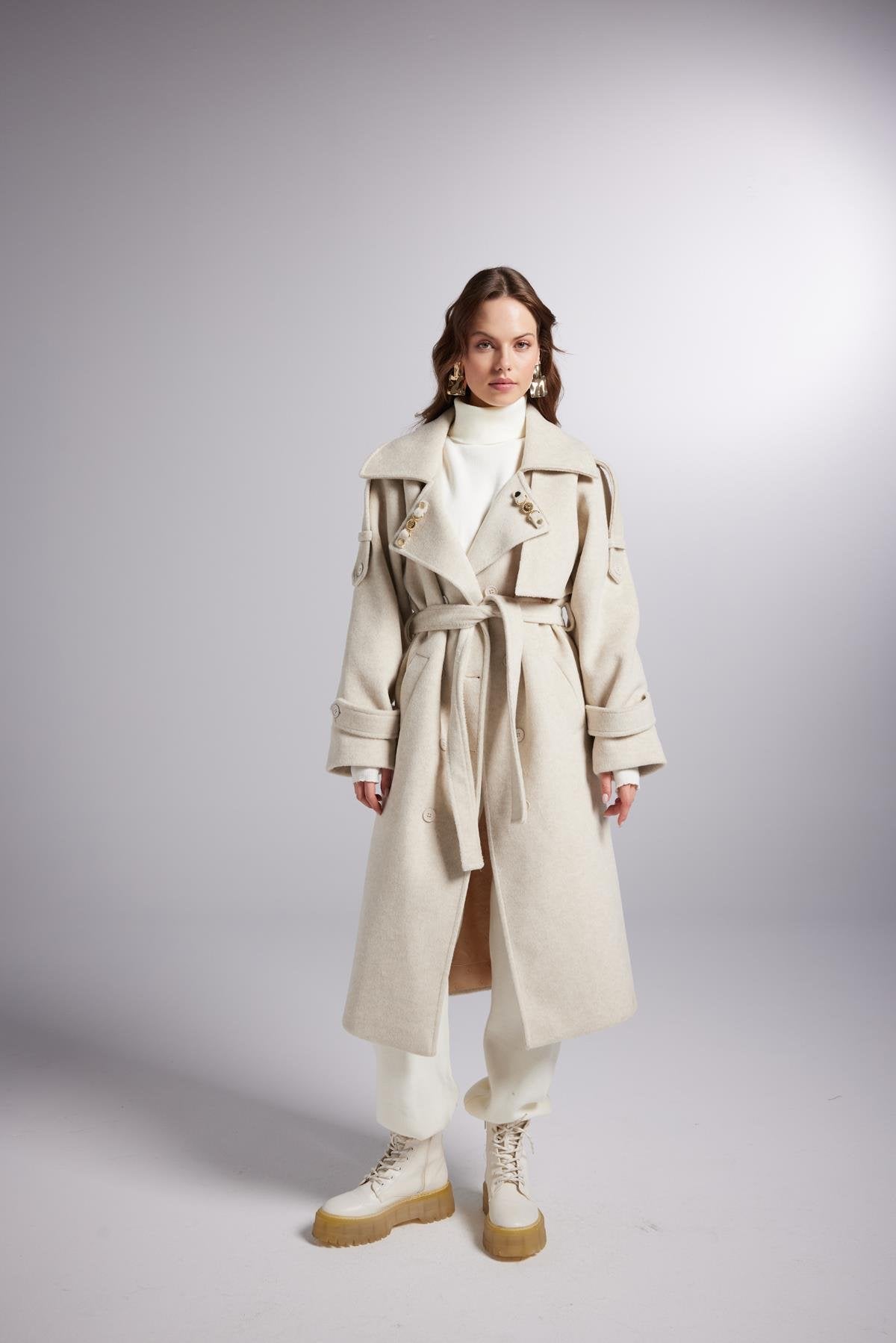 Accessorized Wool Blended Cashmere Maxi Woody Ecru Coat-Trench Coats-Buy Me Fur Ltd-Ecru-L-Cashmere-Urbanheer