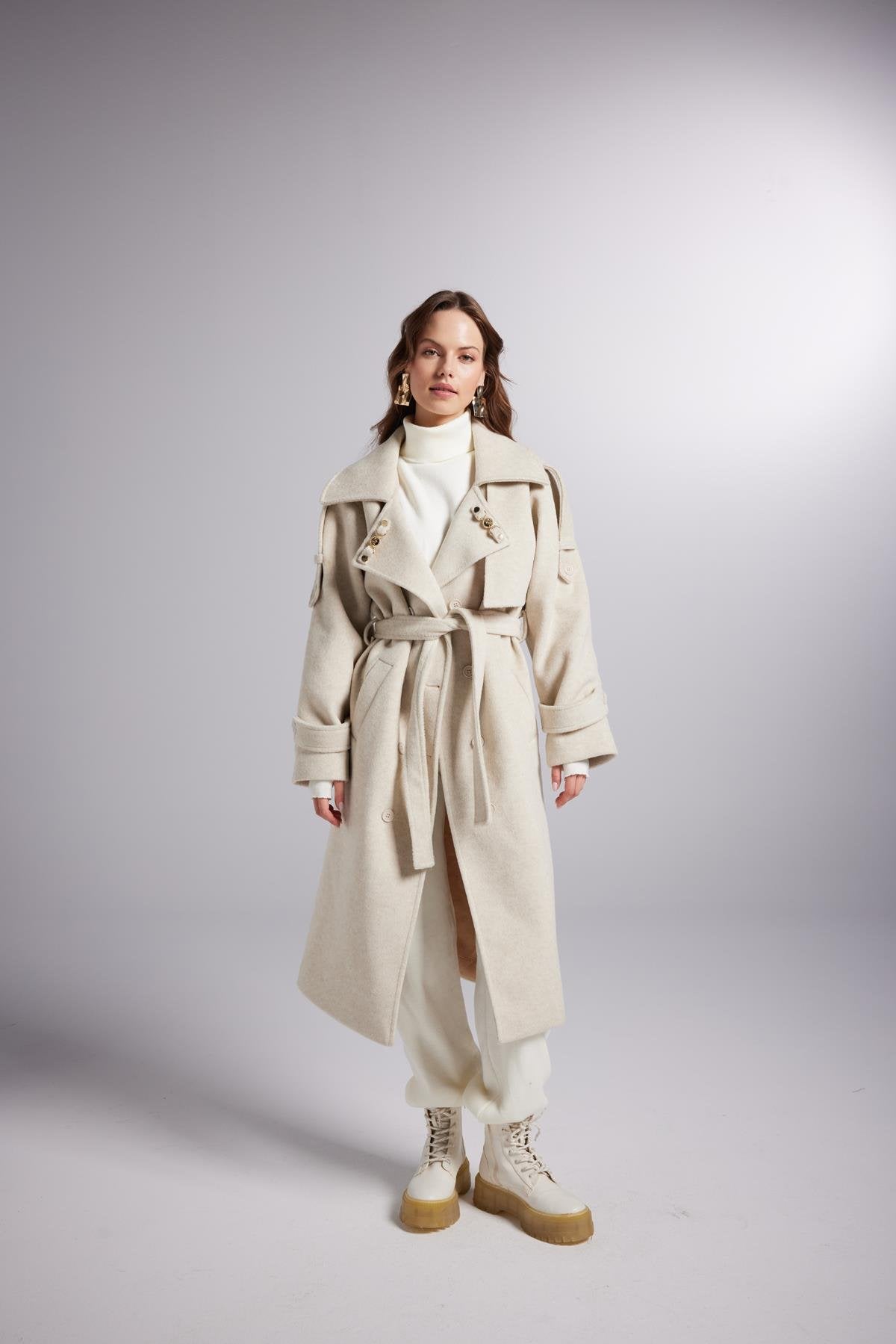 Accessorized Wool Blended Cashmere Maxi Woody Ecru Coat-Trench Coats-Buy Me Fur Ltd-Ecru-L-Cashmere-Urbanheer