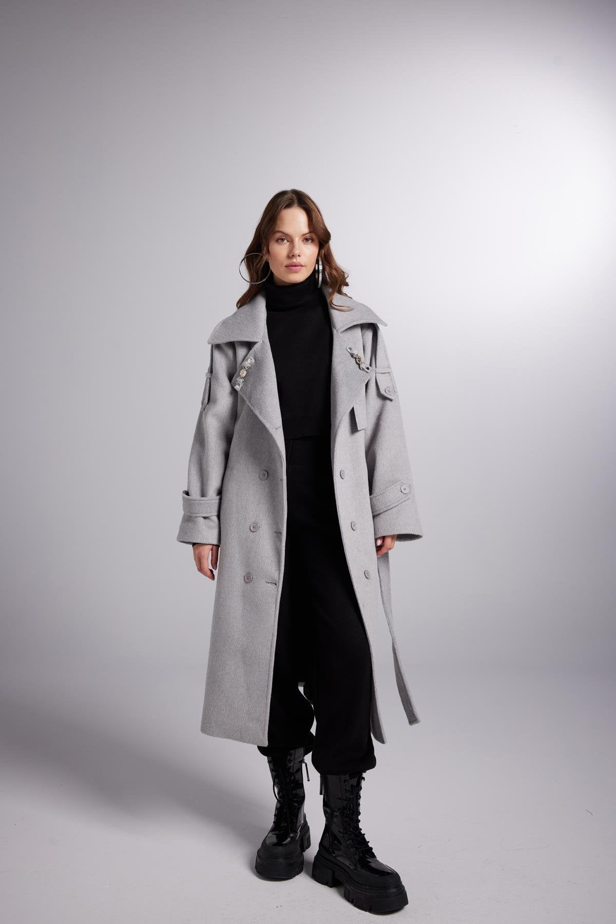 Accessorized Wool Blended Cashmere Maxi Woody Grey Coat-Trench Coats-Buy Me Fur Ltd-Gray-M-Cashmere-Urbanheer