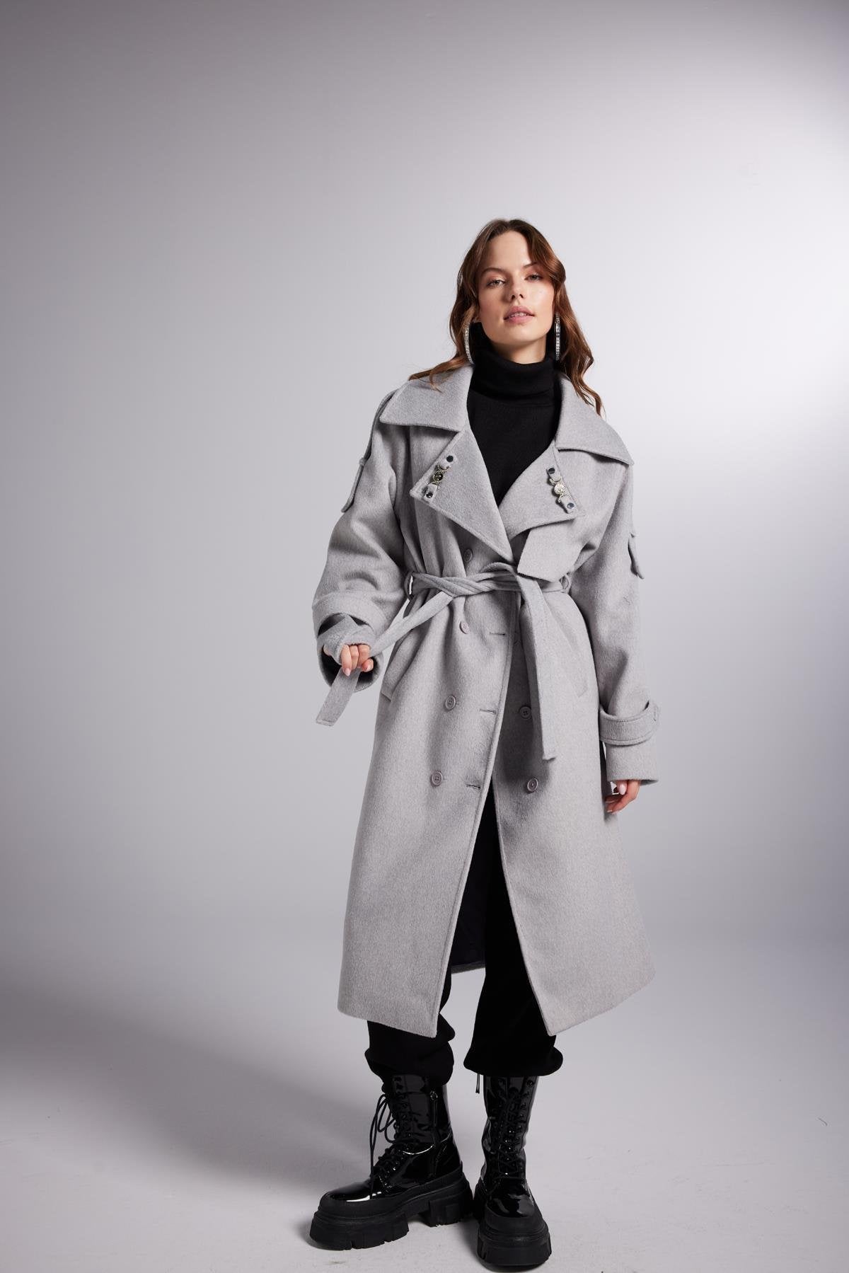 Accessorized Wool Blended Cashmere Maxi Woody Grey Coat-Trench Coats-Buy Me Fur Ltd-Gray-M-Cashmere-Urbanheer
