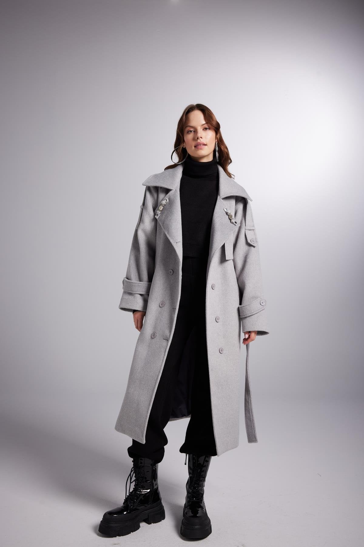 Accessorized Wool Blended Cashmere Maxi Woody Grey Coat-Trench Coats-Buy Me Fur Ltd-Gray-M-Cashmere-Urbanheer