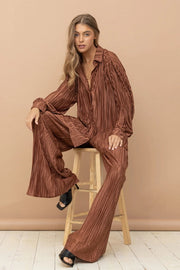 Accordion Pleat Button Blouse Pant Lounge Set Brown-Set-Blue B-S-BROWN-Urbanheer