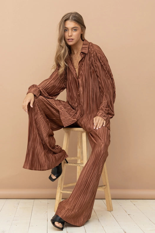 Accordion Pleat Button Blouse Pant Lounge Set Brown-Set-Blue B-S-BROWN-Urbanheer