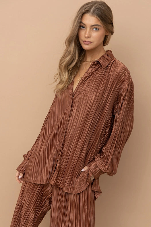 Accordion Pleat Button Blouse Pant Lounge Set Brown-Set-Blue B-S-BROWN-Urbanheer