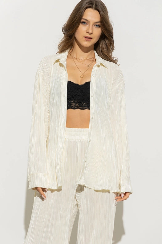 Accordion Pleat Button Blouse Pant Lounge Set Cream-Set-Blue B-S-CREAM-Urbanheer