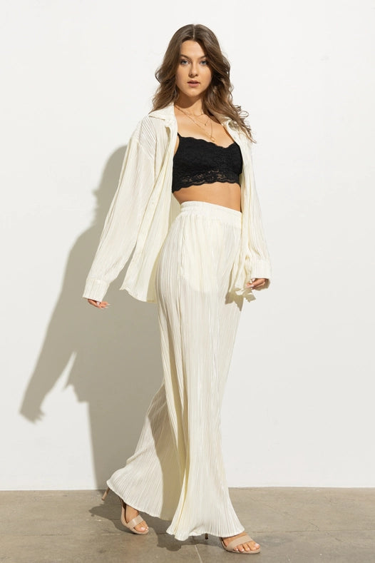 Accordion Pleat Button Blouse Pant Lounge Set Cream-Set-Blue B-S-CREAM-Urbanheer