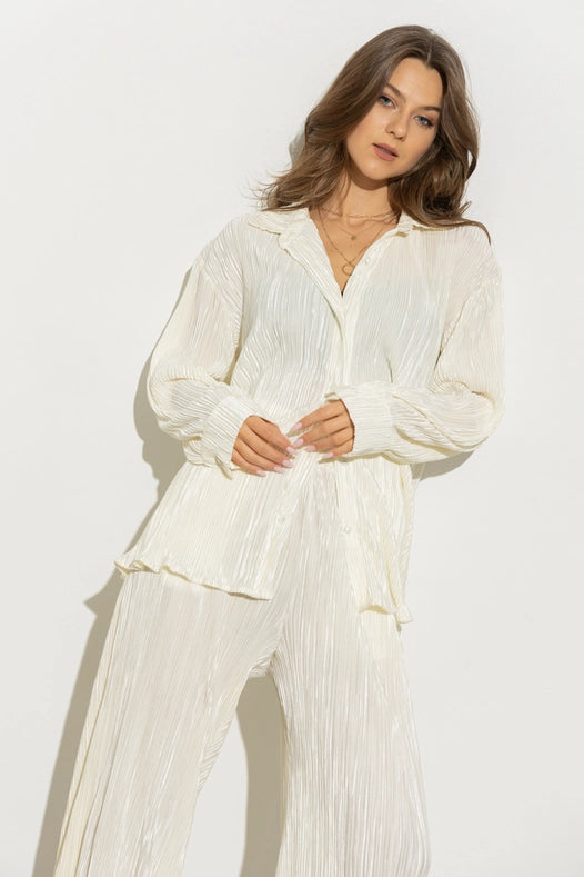 Accordion Pleat Button Blouse Pant Lounge Set Cream-Set-Blue B-S-CREAM-Urbanheer