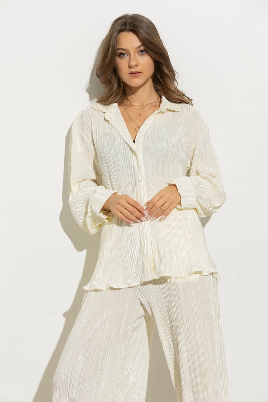 Accordion Pleat Button Blouse Pant Lounge Set Cream-Set-Blue B-S-CREAM-Urbanheer