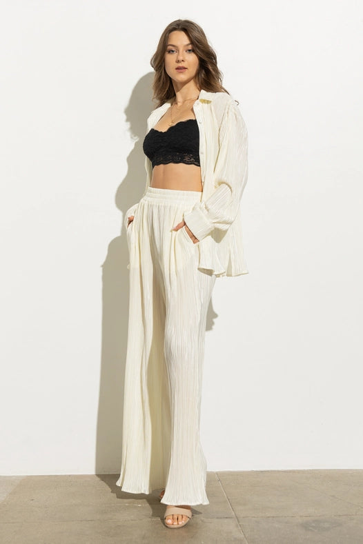 Accordion Pleat Button Blouse Pant Lounge Set Cream-Set-Blue B-S-CREAM-Urbanheer