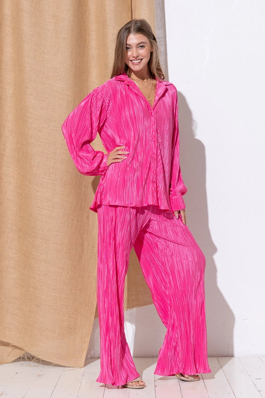 Accordion Pleat Button Blouse Pant Lounge Set Hot Pink-Set-Blue B-S-HOT PINK-Urbanheer