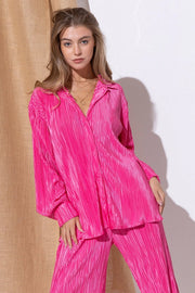 Accordion Pleat Button Blouse Pant Lounge Set Hot Pink-Set-Blue B-S-HOT PINK-Urbanheer