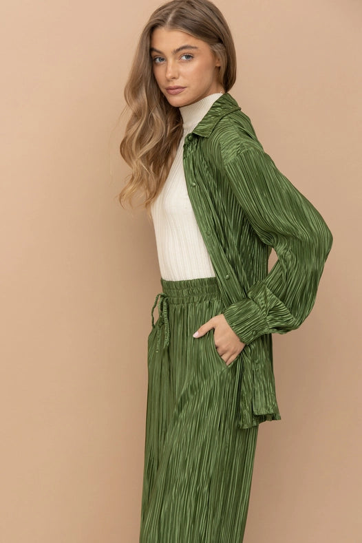 Accordion Pleat Button Blouse Pant Lounge Set Olive-Set-Blue B-S-OLIVE-Urbanheer