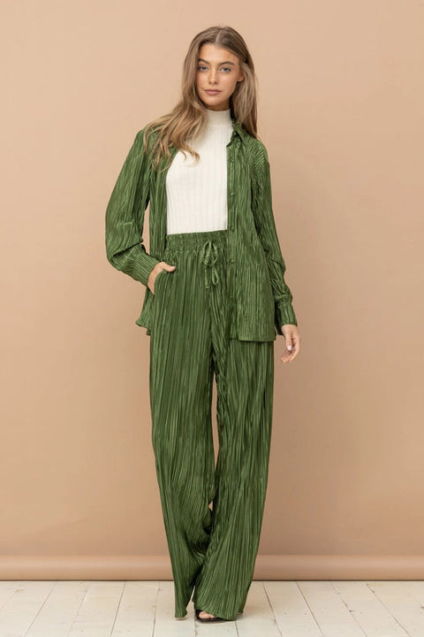 Accordion Pleat Button Blouse Pant Lounge Set Olive-Set-Blue B-S-OLIVE-Urbanheer