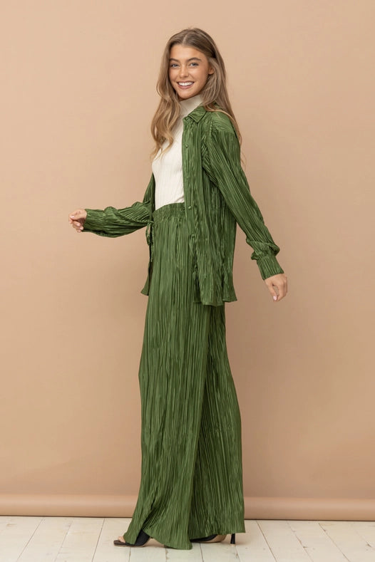 Accordion Pleat Button Blouse Pant Lounge Set Olive-Set-Blue B-S-OLIVE-Urbanheer